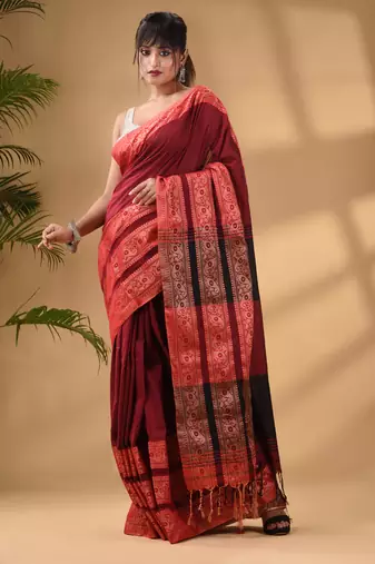 Dark Red Cotton Handwoven Soft Saree With Paisley Border