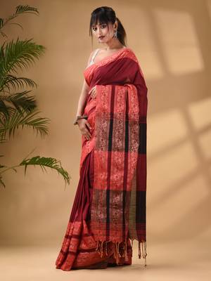 Dark Red Cotton Handwoven Soft Saree With Paisley Border 3
