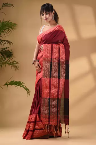Dark Red Cotton Handwoven Soft Saree With Paisley Border