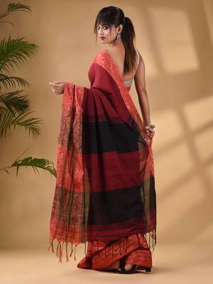 Dark Red Cotton Handwoven Soft Saree With Paisley Border 4