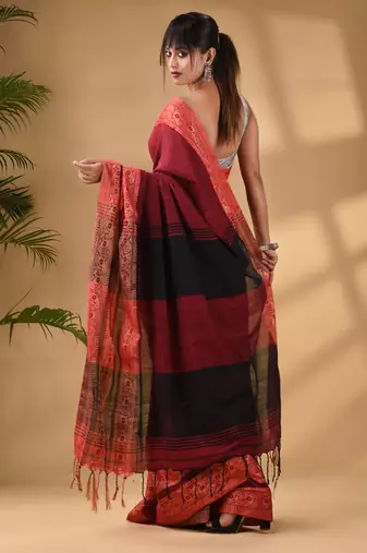 Dark Red Cotton Handwoven Soft Saree With Paisley Border