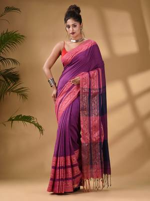Violet Cotton Handwoven Soft Saree With Paisley Border 1