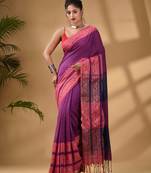 Violet Cotton Handwoven Soft Saree With Paisley Border