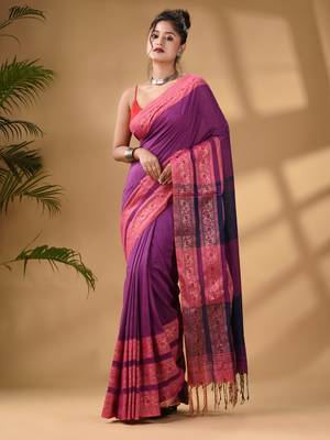 Violet Cotton Handwoven Soft Saree With Paisley Border 2