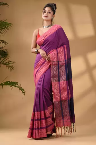 Violet Cotton Handwoven Soft Saree With Paisley Border