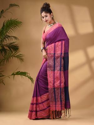 Violet Cotton Handwoven Soft Saree With Paisley Border 3
