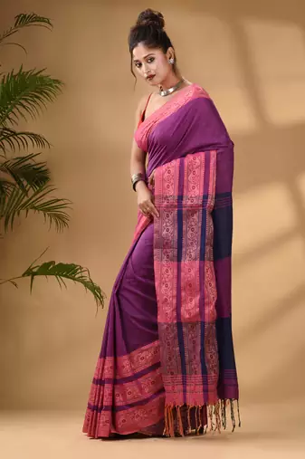 Violet Cotton Handwoven Soft Saree With Paisley Border