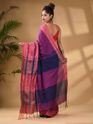 Violet Cotton Handwoven Soft Saree With Paisley Border 4