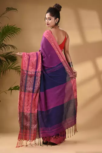 Violet Cotton Handwoven Soft Saree With Paisley Border