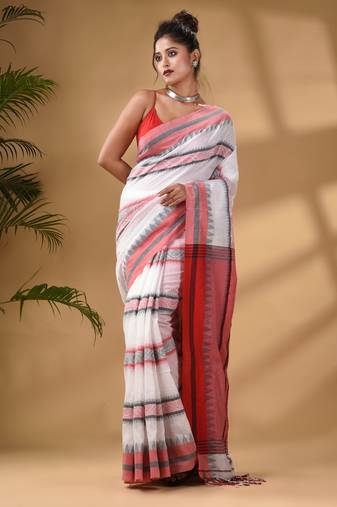 White Cotton Handwoven Soft Saree With Temple Border