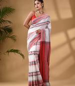 White Cotton Handwoven Soft Saree With Temple Border