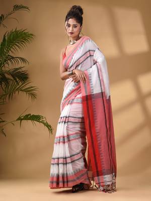 White Cotton Handwoven Soft Saree With Temple Border 2