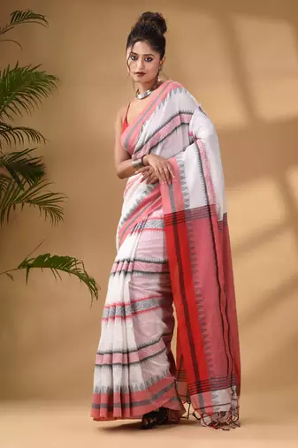 White Cotton Handwoven Soft Saree With Temple Border