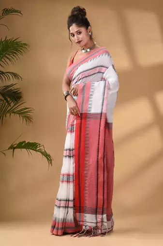 White Cotton Handwoven Soft Saree With Temple Border