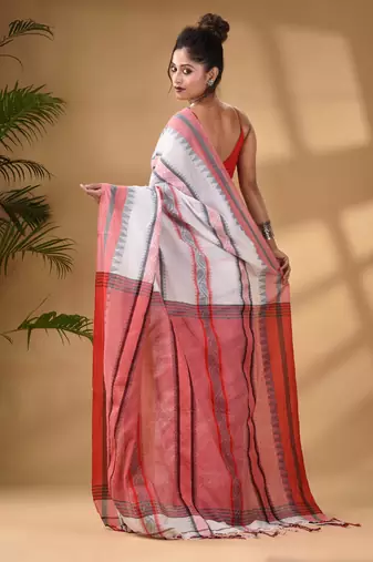 White Cotton Handwoven Soft Saree With Temple Border