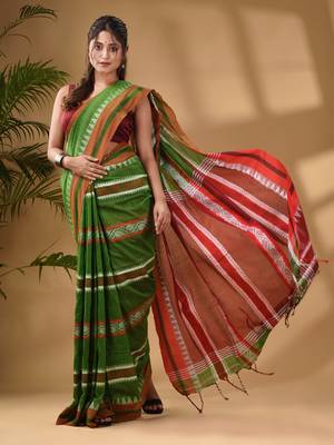 Light Green Cotton Handwoven Soft Saree With Temple Border 1