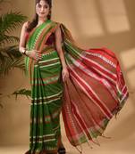 Light Green Cotton Handwoven Soft Saree With Temple Border