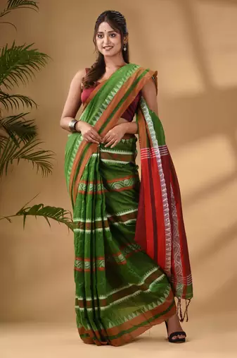 Light Green Cotton Handwoven Soft Saree With Temple Border