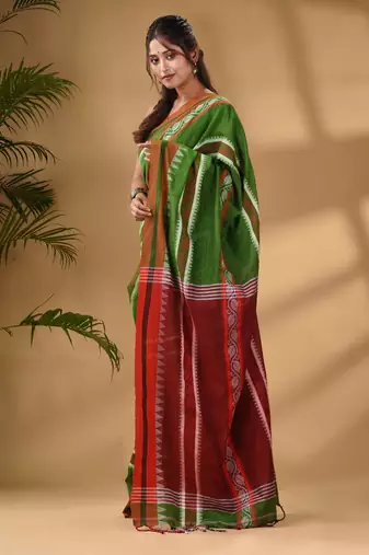Light Green Cotton Handwoven Soft Saree With Temple Border