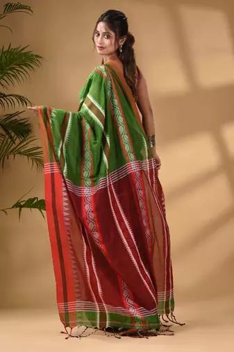 Light Green Cotton Handwoven Soft Saree With Temple Border