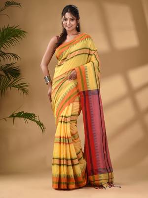 Yellow Cotton Handwoven Soft Saree With Temple Border 1