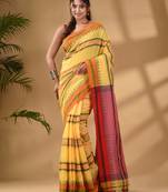 Yellow Cotton Handwoven Soft Saree With Temple Border