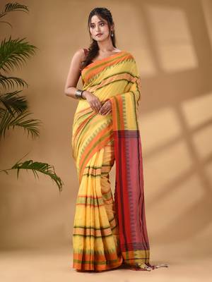 Yellow Cotton Handwoven Soft Saree With Temple Border 2
