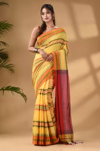 Yellow Cotton Handwoven Soft Saree With Temple Border