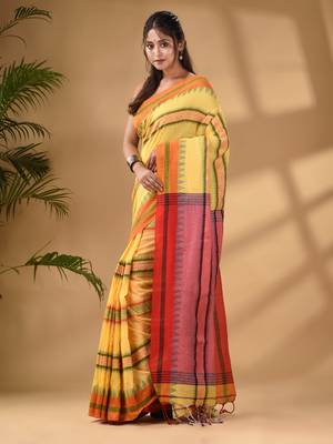 Yellow Cotton Handwoven Soft Saree With Temple Border 3