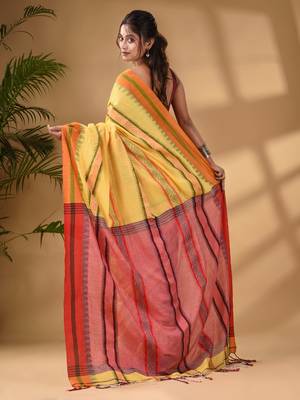 Yellow Cotton Handwoven Soft Saree With Temple Border 4