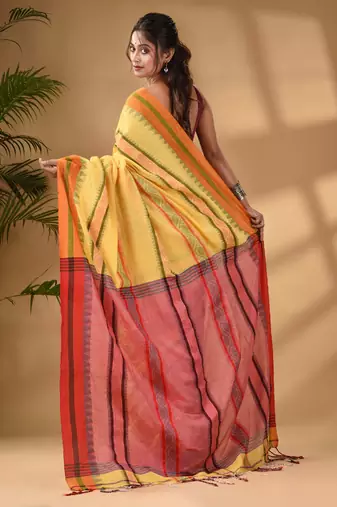 Yellow Cotton Handwoven Soft Saree With Temple Border
