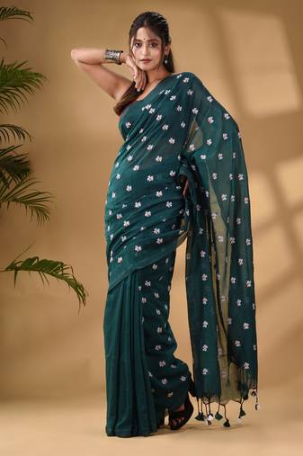 Teal Cotton Handwoven Soft Saree With Floral Motifs