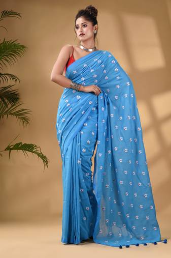 Sky Blue Cotton Handwoven Soft Saree With Floral Motifs