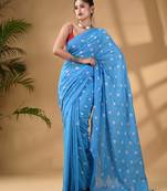 Sky Blue Cotton Handwoven Soft Saree With Floral Motifs