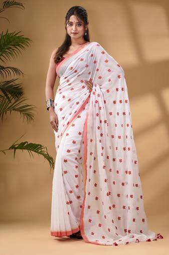 White Cotton Handwoven Soft Saree With Floral Motifs
