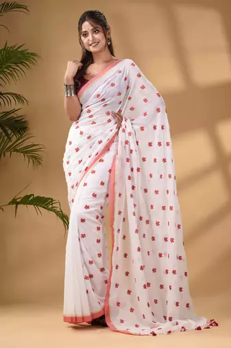 White Cotton Handwoven Soft Saree With Floral Motifs