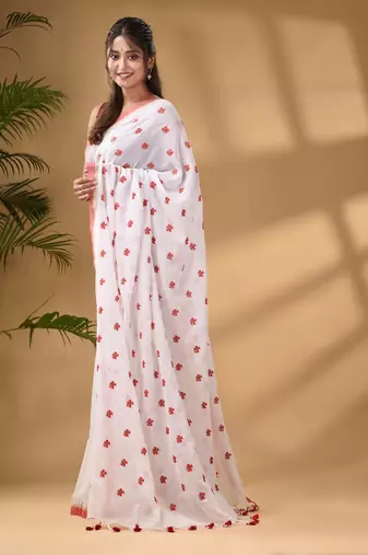 White Cotton Handwoven Soft Saree With Floral Motifs