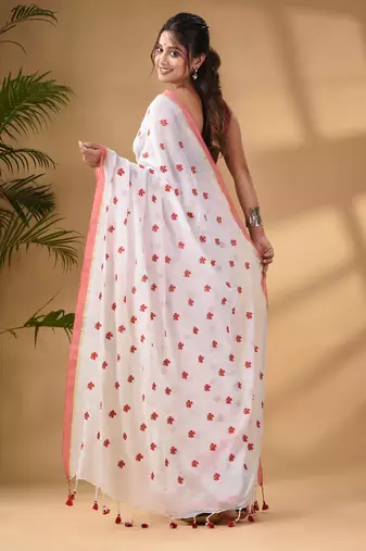 White Cotton Handwoven Soft Saree With Floral Motifs