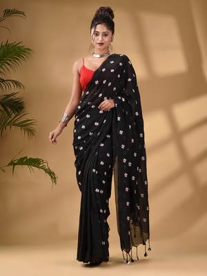 Black Cotton Handwoven Soft Saree With Floral Motifs 1