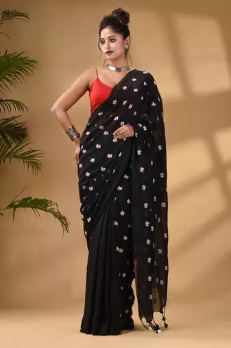 Black Cotton Handwoven Soft Saree With Floral Motifs