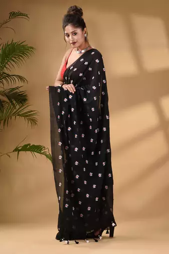 Black Cotton Handwoven Soft Saree With Floral Motifs