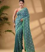 Sea Green Cotton Handwoven Soft Saree With Floral Motifs