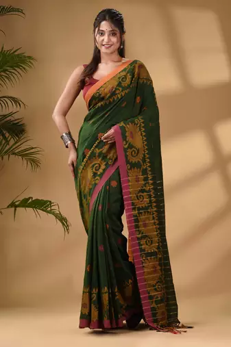 Dark Green Cotton Handwoven Saree With Paisley Border