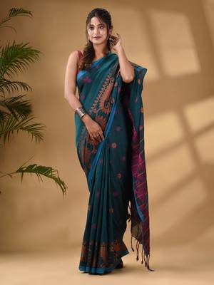 Teal Cotton Handwoven Saree With Paisley Border 1