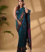 Teal Cotton Handwoven Saree With Paisley Border