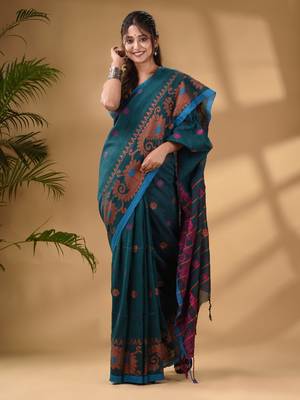Teal Cotton Handwoven Saree With Paisley Border 2