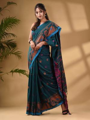 Teal Cotton Handwoven Saree With Paisley Border 3