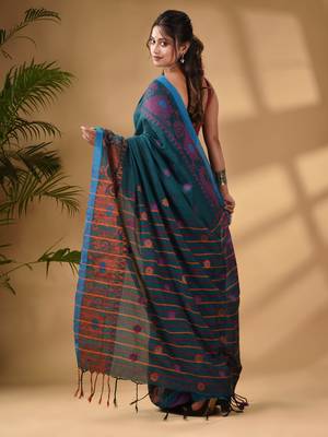 Teal Cotton Handwoven Saree With Paisley Border 5