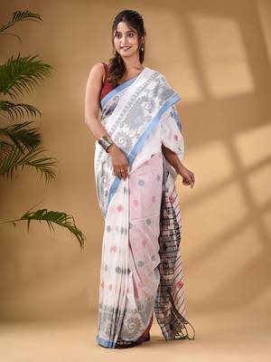 White Cotton Handwoven Saree With Paisley Border 1