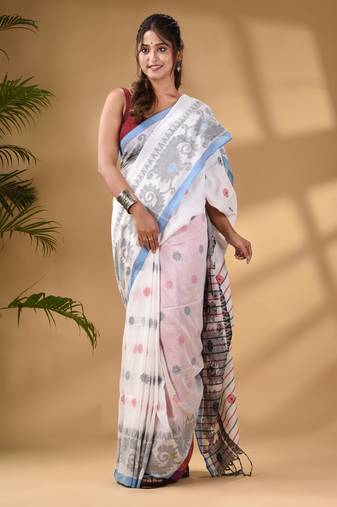 White Cotton Handwoven Saree With Paisley Border